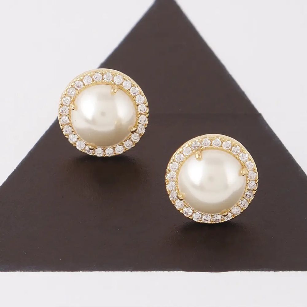 Jewel Lined Pearl Stud Earrings